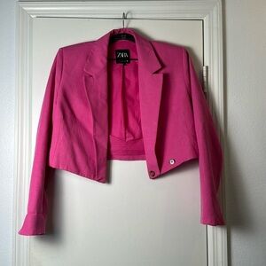 Zara Hot Pink Padded Shoulder One Button Cropped Blazer Size Medium Office Wear